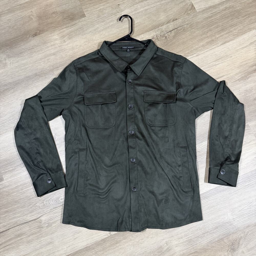 Robert Barakett Faux Suede Shirt Jacket Mens XL Dark Green Button Front Stretch